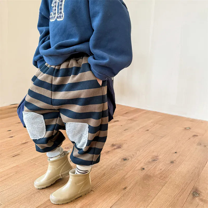 ロングパンツ・スウェットパンツ blue coffee / 12M  80cm キッズパンツ ボーダー膝パッチ 裏フリーススウェットパンツ ルーズパンツ 2カラー ボーイズ 男の子 子供服