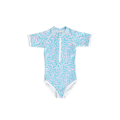 ベビー用水着 blue coral / 80cm キッズ 水着 半袖 つなぎ ラッシュガード ワンピース ガールズ シェル ボーダー アイスクリーム スイムウェア 6スタイル【mh0002228】