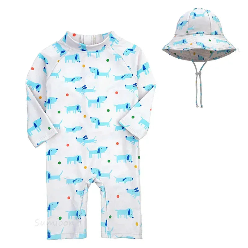 ベビー用水着 Blue dog with hat / 1-2Yrs キッズ水着 帽子セット 長袖ラッシュガード つなぎ ワンピース アニマル フラワープリント スイムウェア