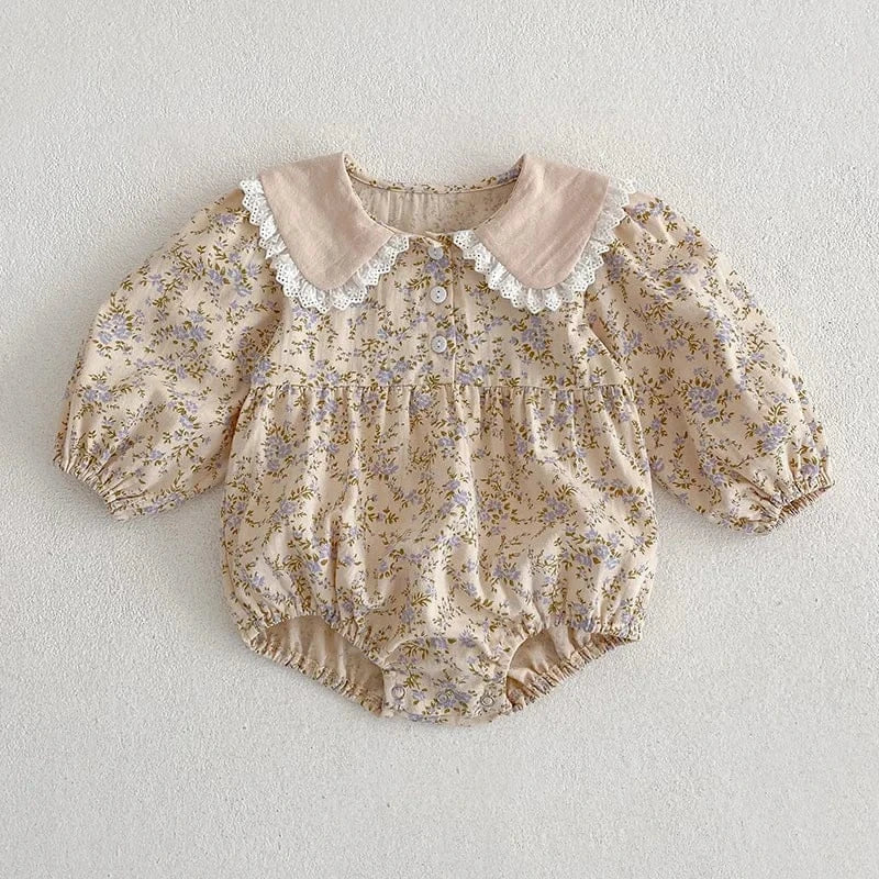 長袖ロンパース blue floral romper / 66cm 0-6m ベビーロンパース/キッズワンピース フリル襟フラワープリント長袖ボディスーツ/ワンピース リンクコーデ 姉妹 お揃いコーデ 2カラー【mh0007496】