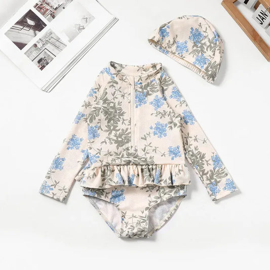 ベビー用水着 blue floral / S-80cm キッズ水着 ガールズ 長袖ジップアップ ワンピース+帽子セット フリル フラワー花柄プリント スイムウェア【mh0005976】