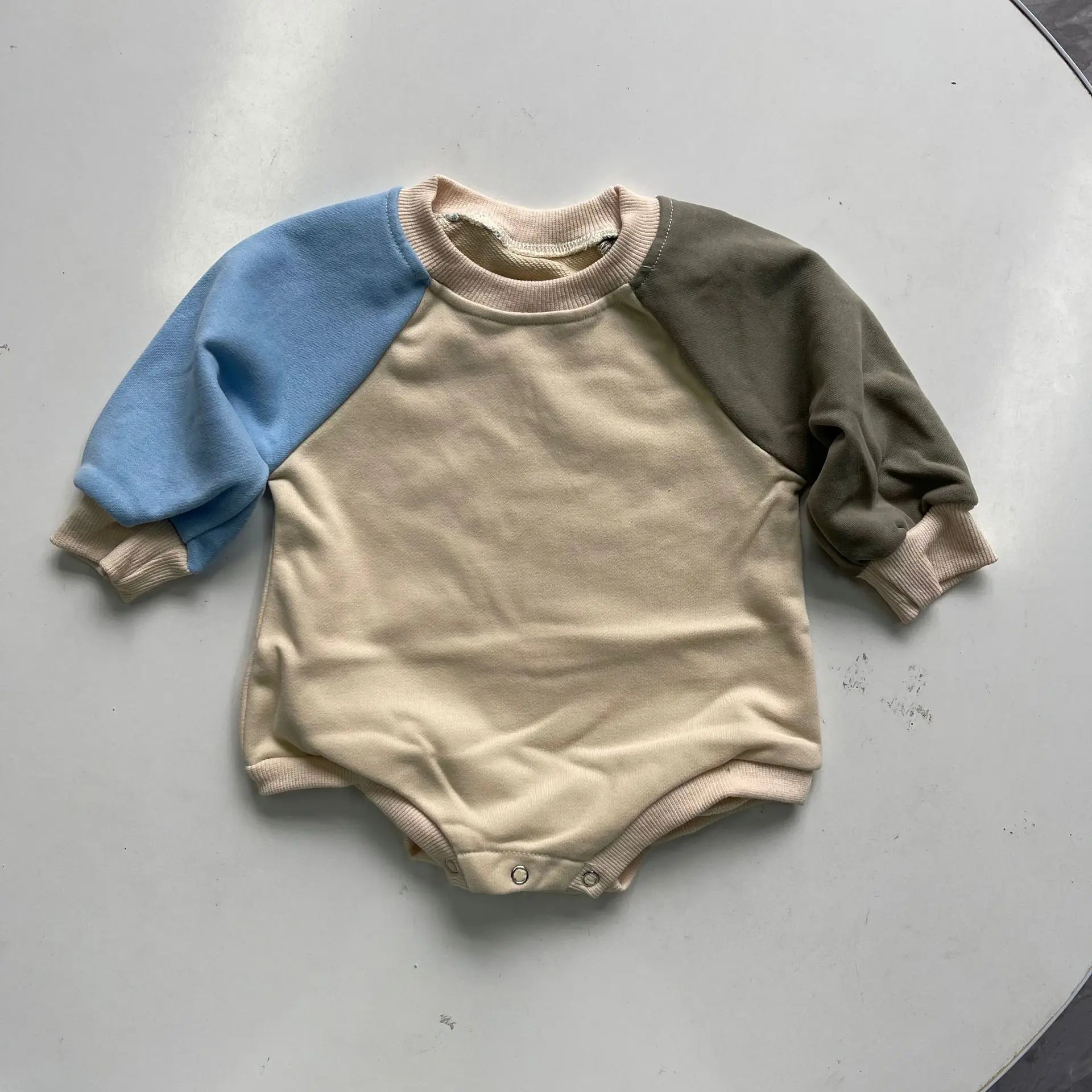 長袖ロンパース blue gray / 6M  66cm ベビーロンパース ラグランパッチワーク長袖ボディスーツ【mh-0008718】