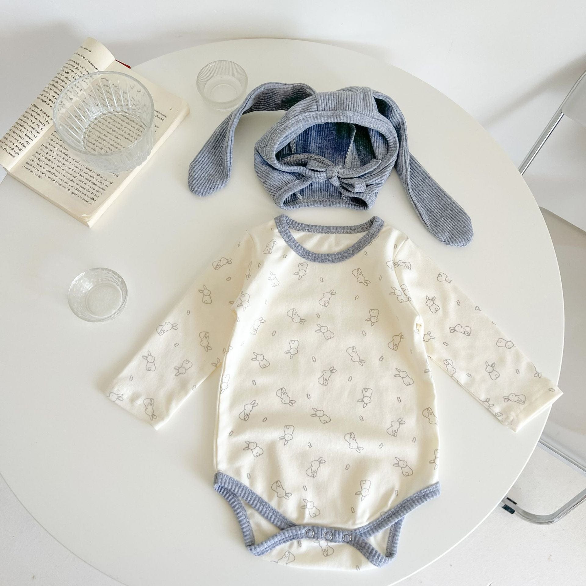 長袖ロンパース blue grey / 66cm ベビー うさぎ ラビット 長袖 ロンパース うさ耳 帽子 セット ユニセックス 3602B