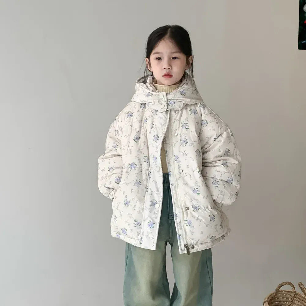 ショートコート・ジャケット・ジャンパー blue print coat / 90cm キッズアウター フラワー 花柄プリントダウンジャケット フード付きコート ガールズ 女の子 子供服