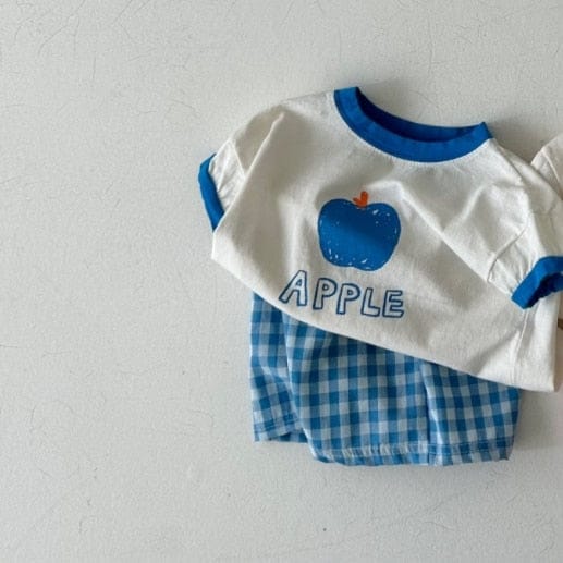 半袖セットアップ blue set / 9M/73cm ベビー キッズ セットアップ アップル りんご 半袖 Tシャツ チェック ショートパンツ ブルー レッド ユニセックス 5873B