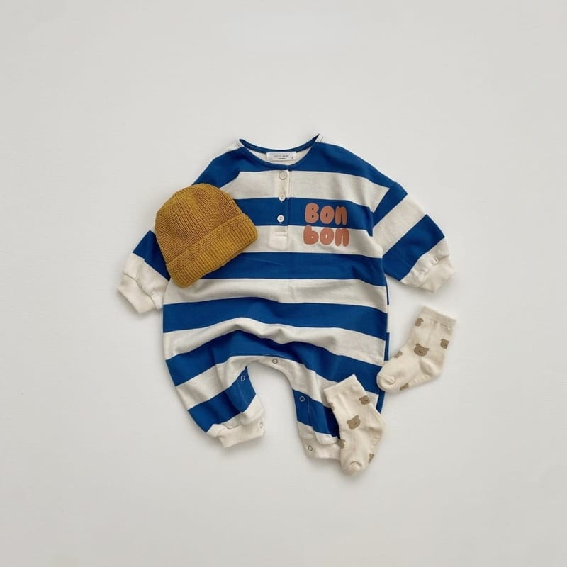 長袖ロンパース blue stripe / 66cm / 取り寄せ（7〜35日） ベビー ボーダー レターロゴ プリント 長袖 ジャンプスーツ ロンパース ボーイズ