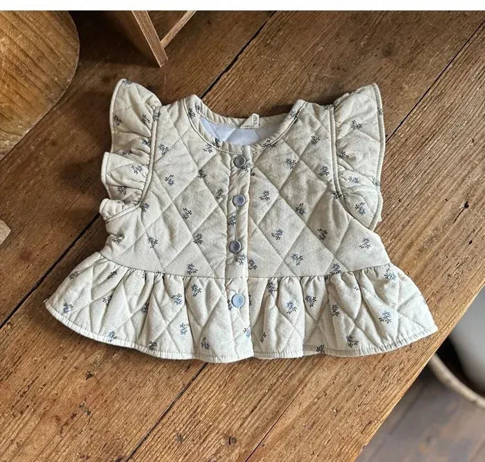 長袖セットアップ blue vest / 9M  73CM ベビーベスト/トップス/レギンス フラワープリントショルダーフリルキルティングベスト/フリルハイネック長袖Tシャツ/チュールスカートドッキングレギンスパンツ【mh0007732】