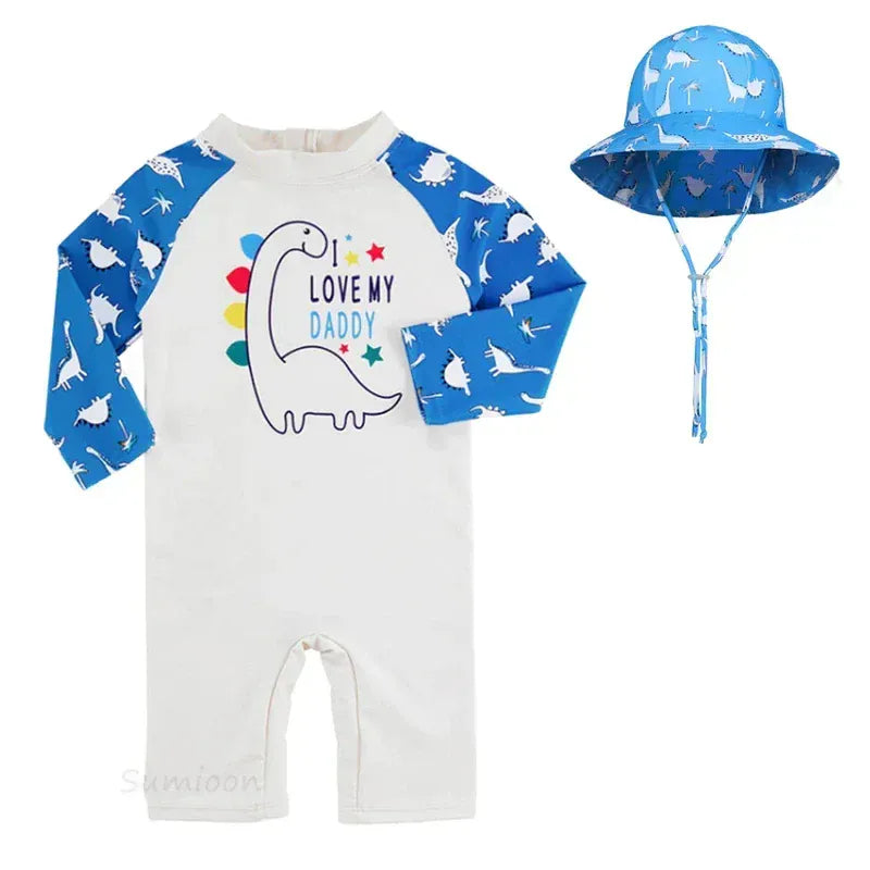 ベビー用水着 bluedinosar with hat / 1-2Yrs キッズ水着 帽子セット 長袖ラッシュガード つなぎ ワンピース アニマル フラワープリント スイムウェア