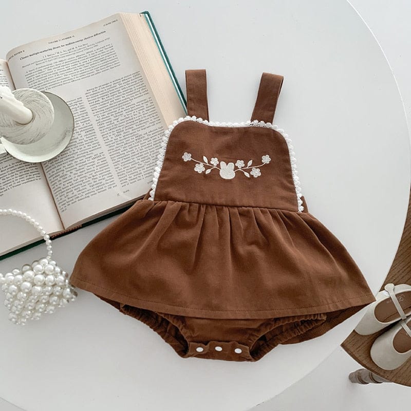 長袖ワンピース bodysuit / 66cm ベビー 長袖ブラウス 長袖ワンピース ノースリーブジャンプスーツ サスペンダースカートロンパース 単品 リボン フラワー刺繍 ブラウン ベージュ ユニセックス 男の子 女の子