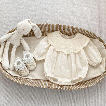 長袖ロンパース bodysuit / 66cm / 取り寄せ（3〜14日） ベビーロンパース キッズワンピース 刺繍レース 長袖ドレス リンクコーデ 姉妹お揃い お出かけ ベージュ【mh0006169】