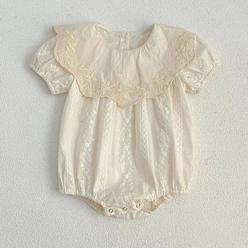 半袖ロンパース bodysuit / 66cm ベビーロンパース/キッズワンピース 半袖 ビッグ襟 レースフラワー花柄刺繍 リンクコーデ 姉妹 お揃いコーデ【mh0005325】