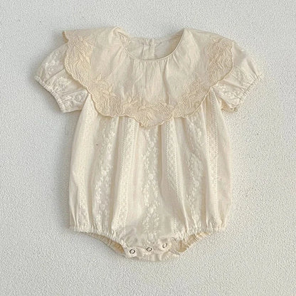 半袖ロンパース bodysuit / 66cm ベビーロンパース/キッズワンピース 半袖 ビッグ襟 レースフラワー花柄刺繍 リンクコーデ 姉妹 お揃いコーデ【mh0005325】