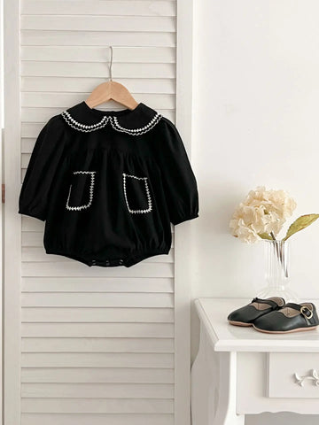 長袖ロンパース bodysuit / 6M  66cm ベビーロンパース キッズワンピース 長袖ボディスーツ 長袖ワンピース ポケット 丸襟 ブラック リンクコーデ 姉妹お揃い