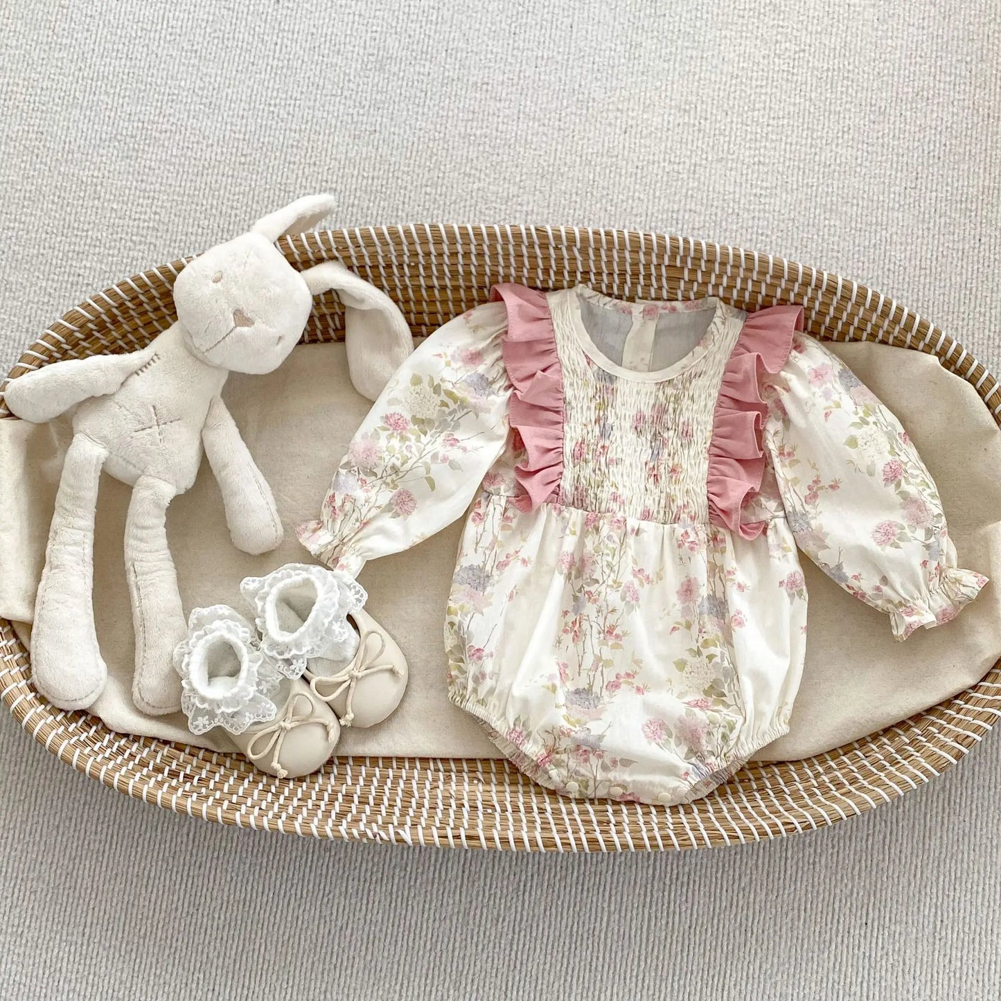 長袖ロンパース bodysuit / 6M  66CM ベビーロンパース/キッズワンピース 長袖ショルダーフリル フラワー花柄プリント リンクコーデ 姉妹 お揃いコーデ【mh0005083】