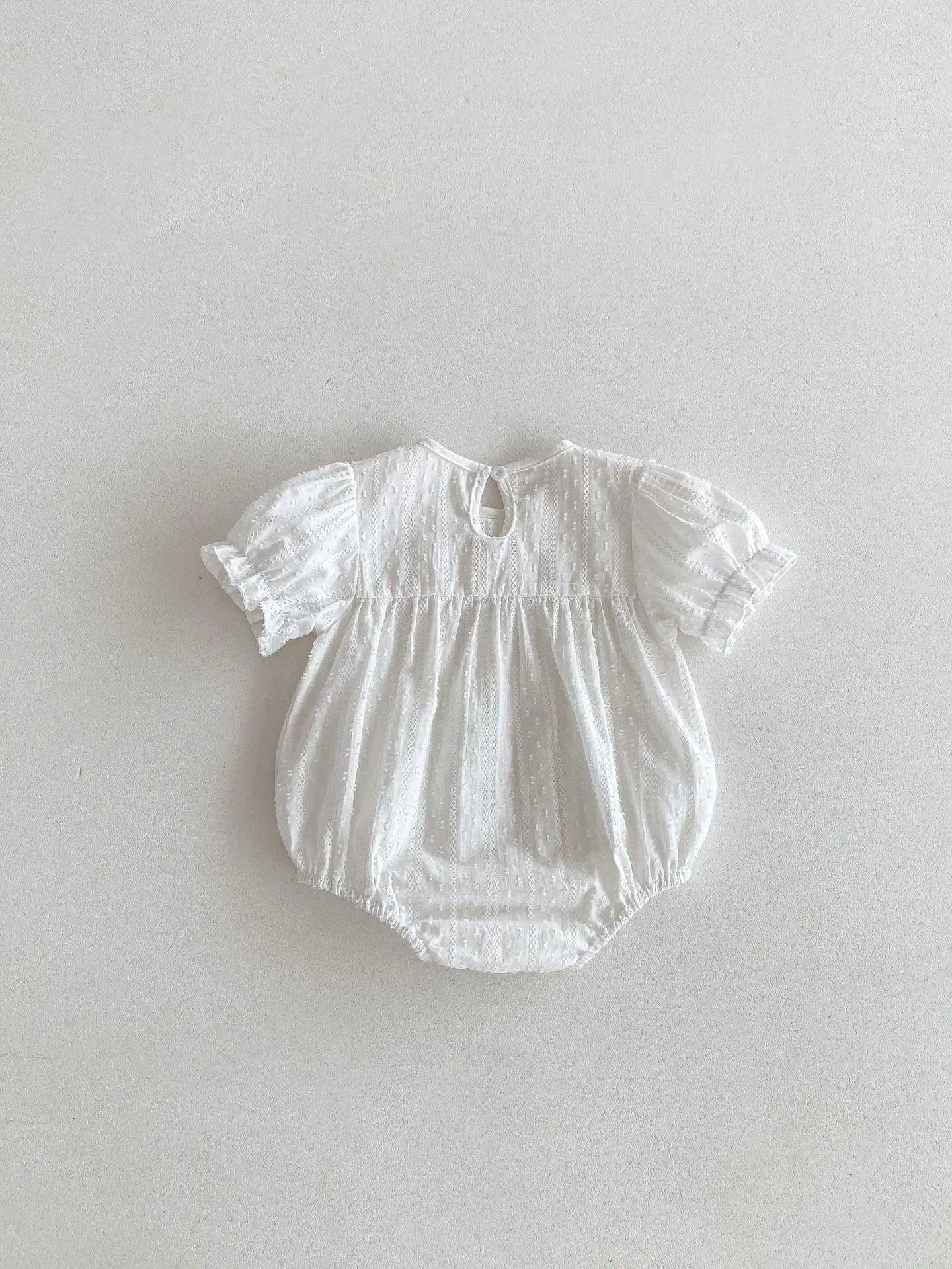 半袖ロンパース bodysuit / 6M  66CM ベビーロンパース/キッズワンピース 半袖パフスリーブ レースフリル襟 ホワイト リンクコーデ 姉妹 お揃いコーデ【mh0005457】