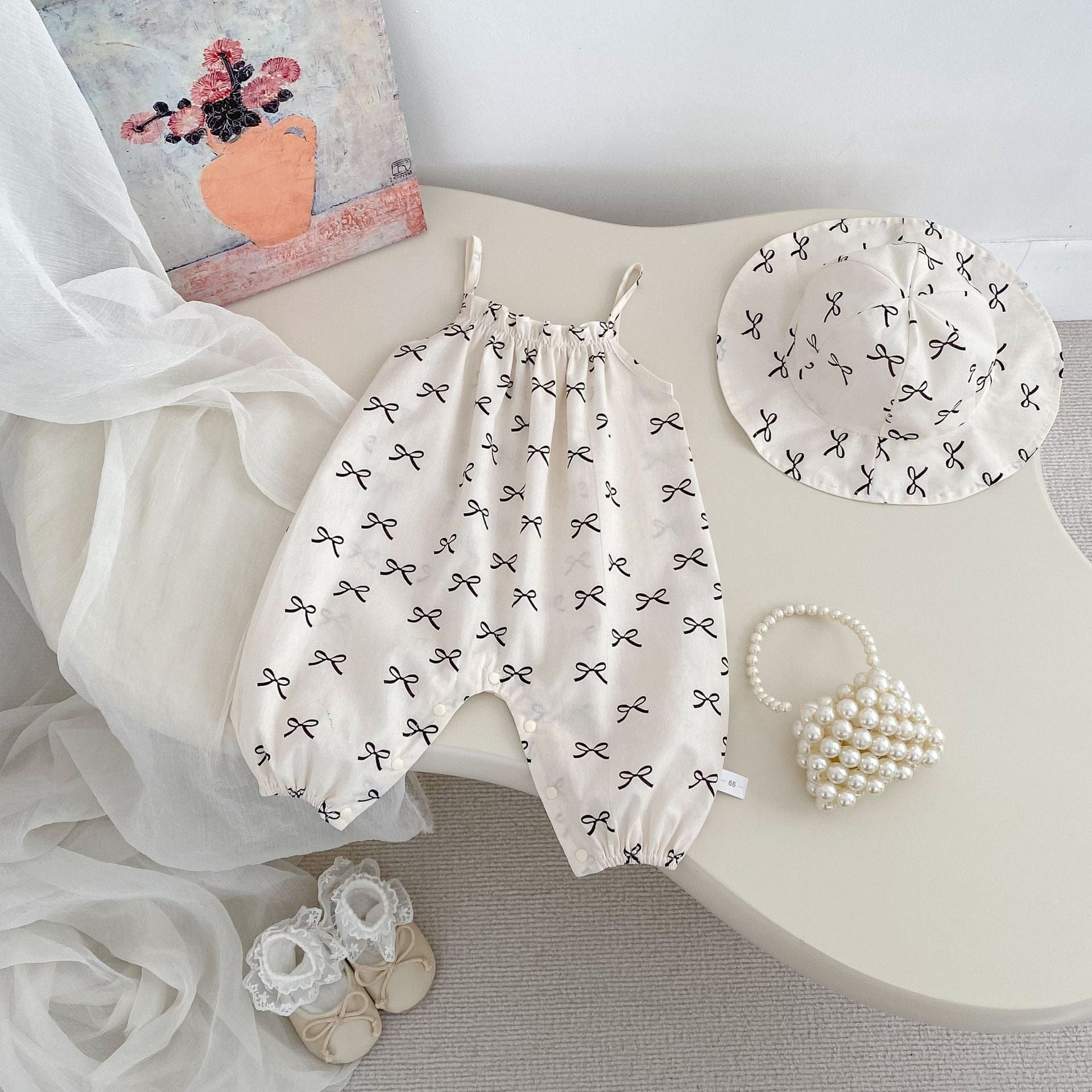 ノースリーブジャンプスーツ Bow / 66cm リボンプリントキャミソールサロペットジャンプスーツ+帽子セット【mh0009706】