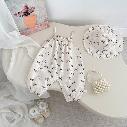 ノースリーブジャンプスーツ Bow / 66cm リボンプリントキャミソールサロペットジャンプスーツ+帽子セット【mh0009706】