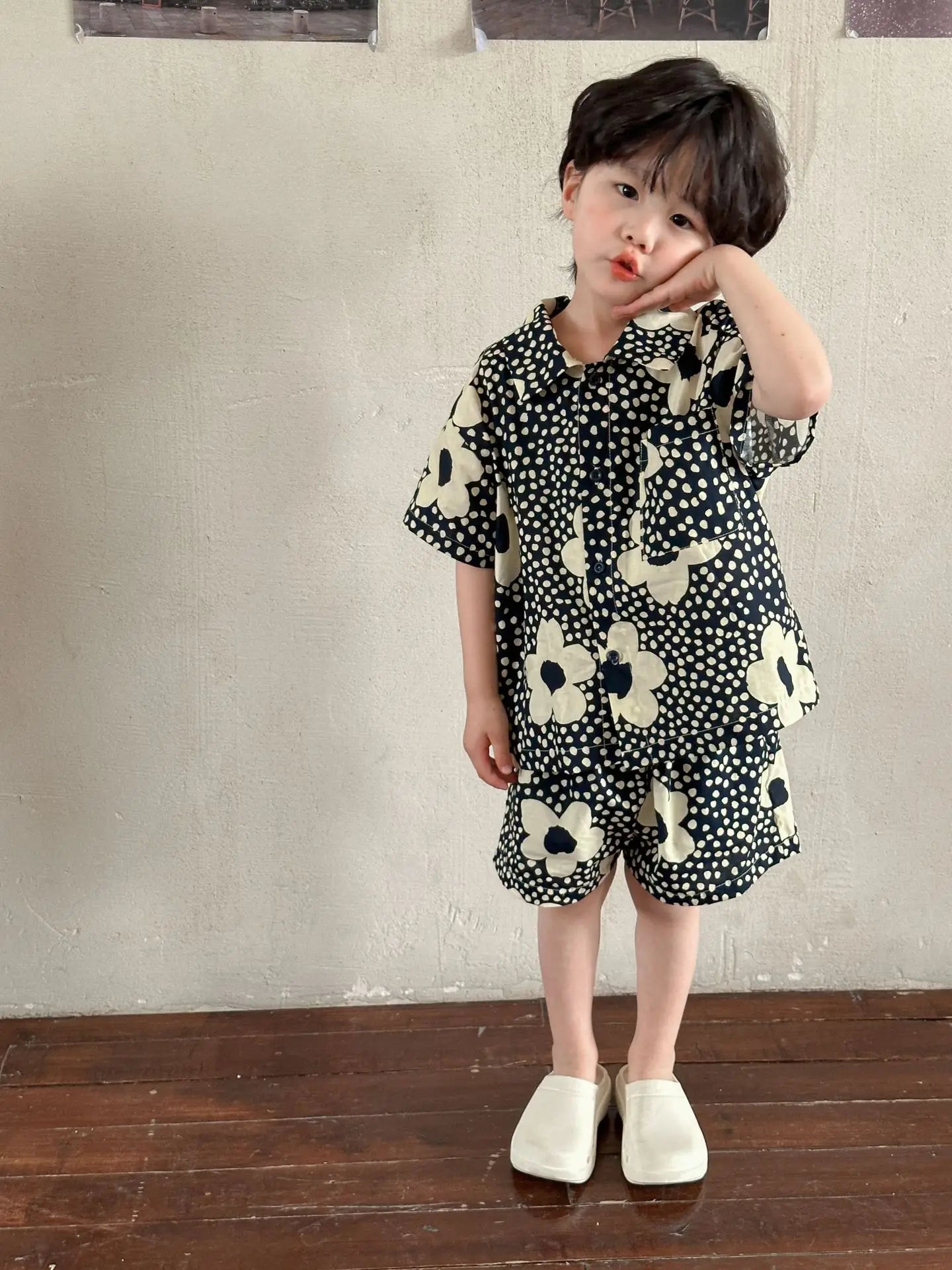 半袖セットアップ boy set / 80cm 9-12m キッズセットアップ 2点セット/ワンピース ボーイズ半袖シャツ+ショートパンツ/ガールズ半袖パフスリーブワンピース 北欧風フラワープリント リンクコーデ 兄弟姉妹 お揃いコーデ