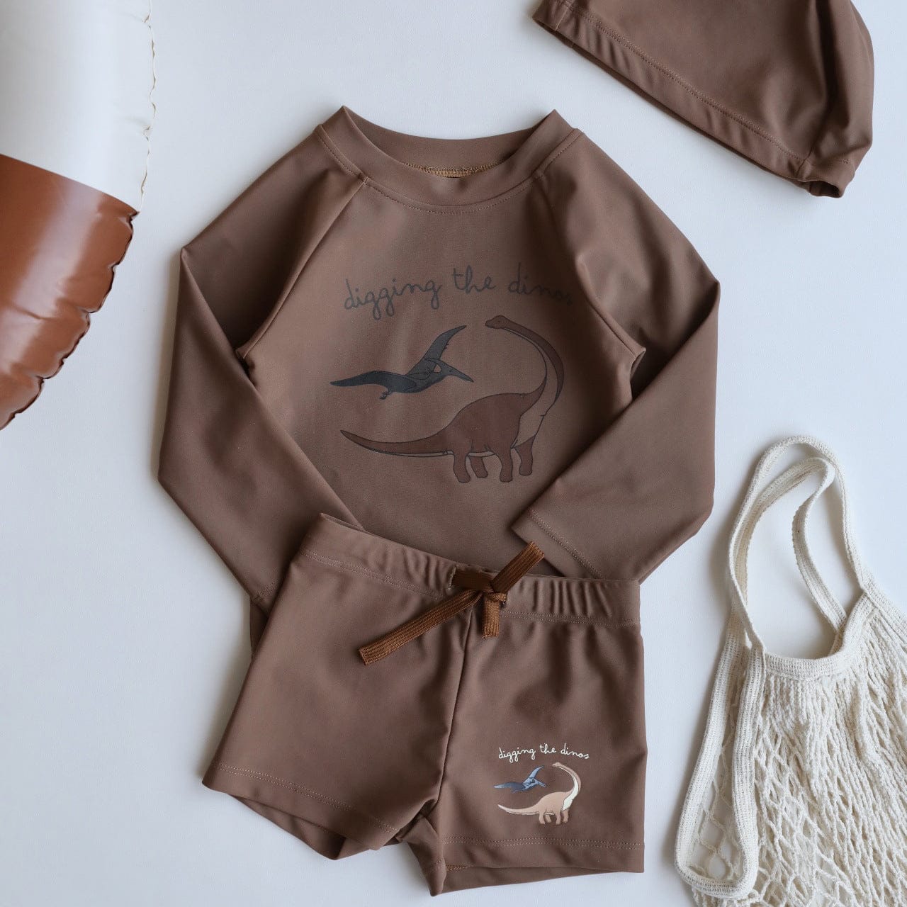 ベビー用水着 Boy split swimsuit peach brown dinosaur / 80 ボーイズ水着 長袖セパレートスイムウェア ラッシュガード【mh0009320】