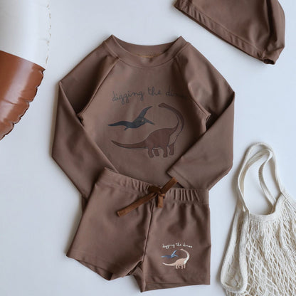 ベビー用水着 Boy split swimsuit peach brown dinosaur / 80 ボーイズ水着 長袖セパレートスイムウェア ラッシュガード【mh0009320】