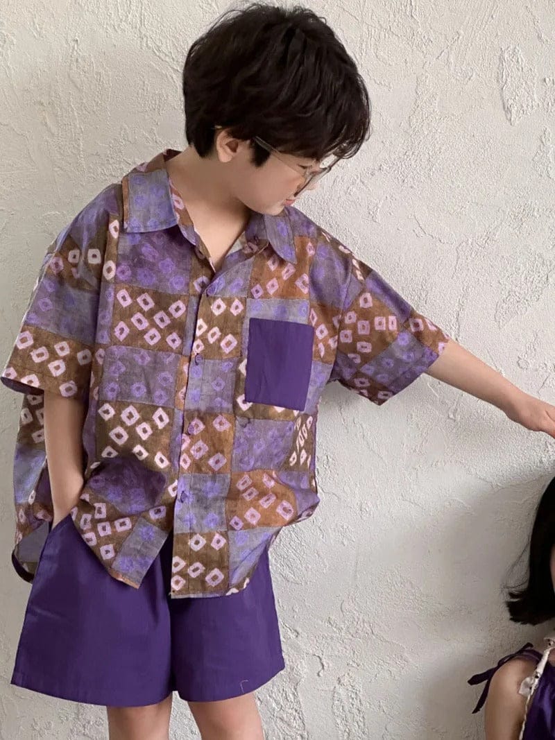 半袖セットアップ boy suit / 90cm 1-2y / 取り寄せ（7〜21日） キッズセットアップ 2点セット/ワンピース ボーイズ半袖シャツ+ショートパンツ/ガールズキャミワンピ  パープルフラワー無地 リンクコーデ 兄弟姉妹 お揃いコーデ
