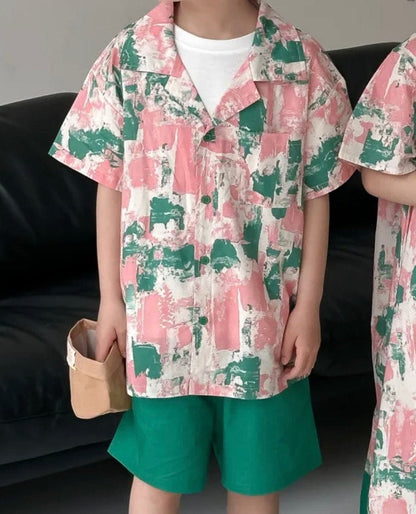 半袖セットアップ boy suit / 90cm 1-2y / 取り寄せ（7〜35日） キッズセットアップ 2点セット/ワンピース ボーイズ半袖シャツ+ショートパンツ/ガールズ半袖ワンピース リゾートフラワープリント リンクコーデ 兄弟姉妹 お揃いコーデ