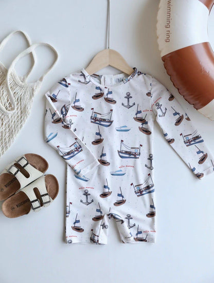 ベビー用水着 Boys' one-piece swimsuit sailboat / 80 ボーイズ水着 長袖つなぎスイムウェア ラッシュガード【mh0009307】
