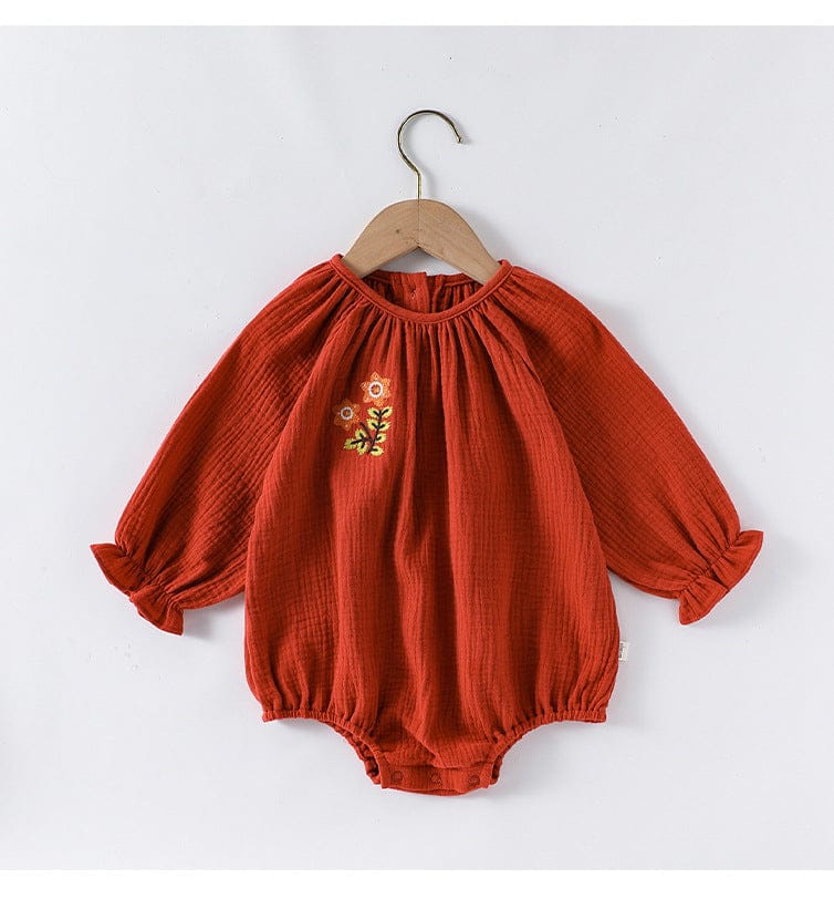 長袖ロンパース Brick Red / 66cm フラワー刺繍ルーズ長袖ロンパース【mh0010722】