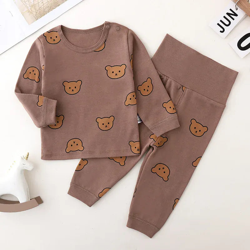 長袖パジャマ Brown / 0-6M 66cm ベビーセットアップ 2点セット ベアくまプリント長袖Tシャツ+ハイウェストロングパンツ パジャマセット【mh0007900】