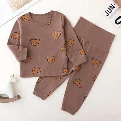 長袖パジャマ Brown / 0-6M 66cm ベビーセットアップ 2点セット ベアくまプリント長袖Tシャツ+ハイウェストロングパンツ パジャマセット【mh0007900】