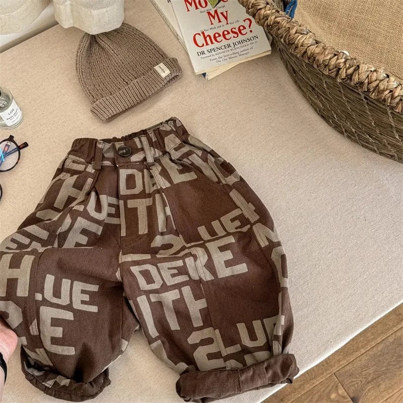 ロングパンツ・スウェットパンツ brown / 12M  80CM キッズパンツ ルーズロングワイドパンツ ブロックレターロゴプリント 2カラー
