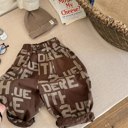 ロングパンツ・スウェットパンツ brown / 12M  80CM キッズパンツ ルーズロングワイドパンツ ブロックレターロゴプリント 2カラー