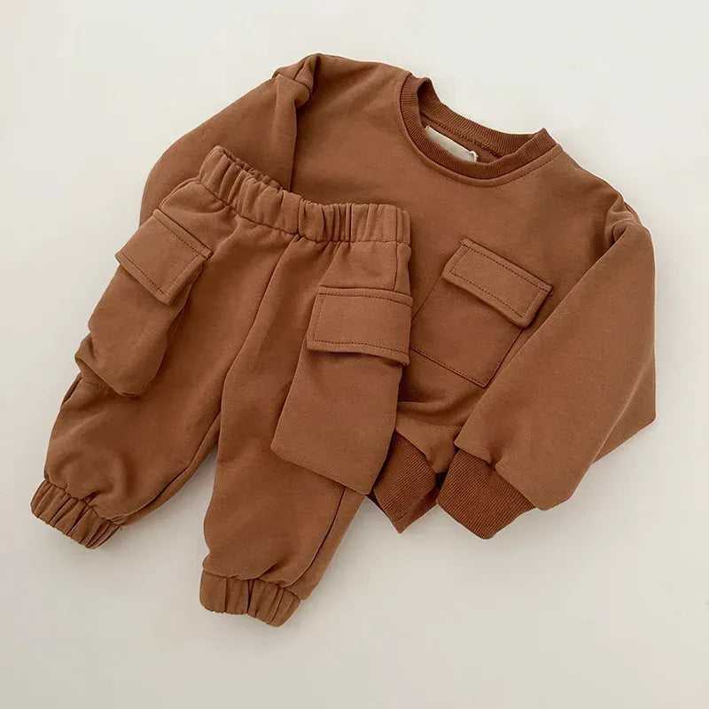 長袖セットアップ brown / 12M  80CM キッズセットアップ 2点セット フラップポケット長袖スウェットシャツ+ロングスウェットパンツ【mh0008318】