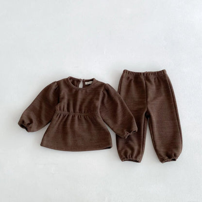 長袖セットアップ brown / 12M  80CM キッズセットアップ 2点セット 長袖パフスリーブチュニックTシャツ+ロングパンツ 3カラー
