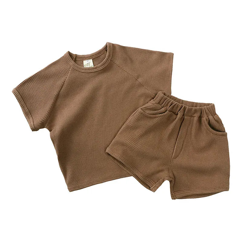 半袖セットアップ brown / 12M 80cm キッズセットアップ 2点セット ワッフル 半袖Tシャツ+ショートパンツ シンプルベーシック 3カラー