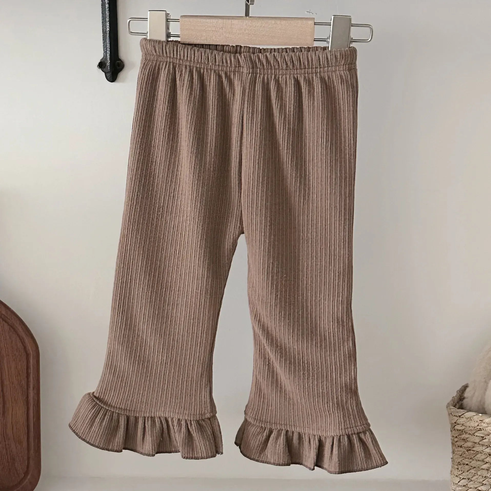 レギンスパンツ Brown / 12M  80CM ベビーパンツ 裾フリル裏フリースリブレギンスパンツ【mh0007868】