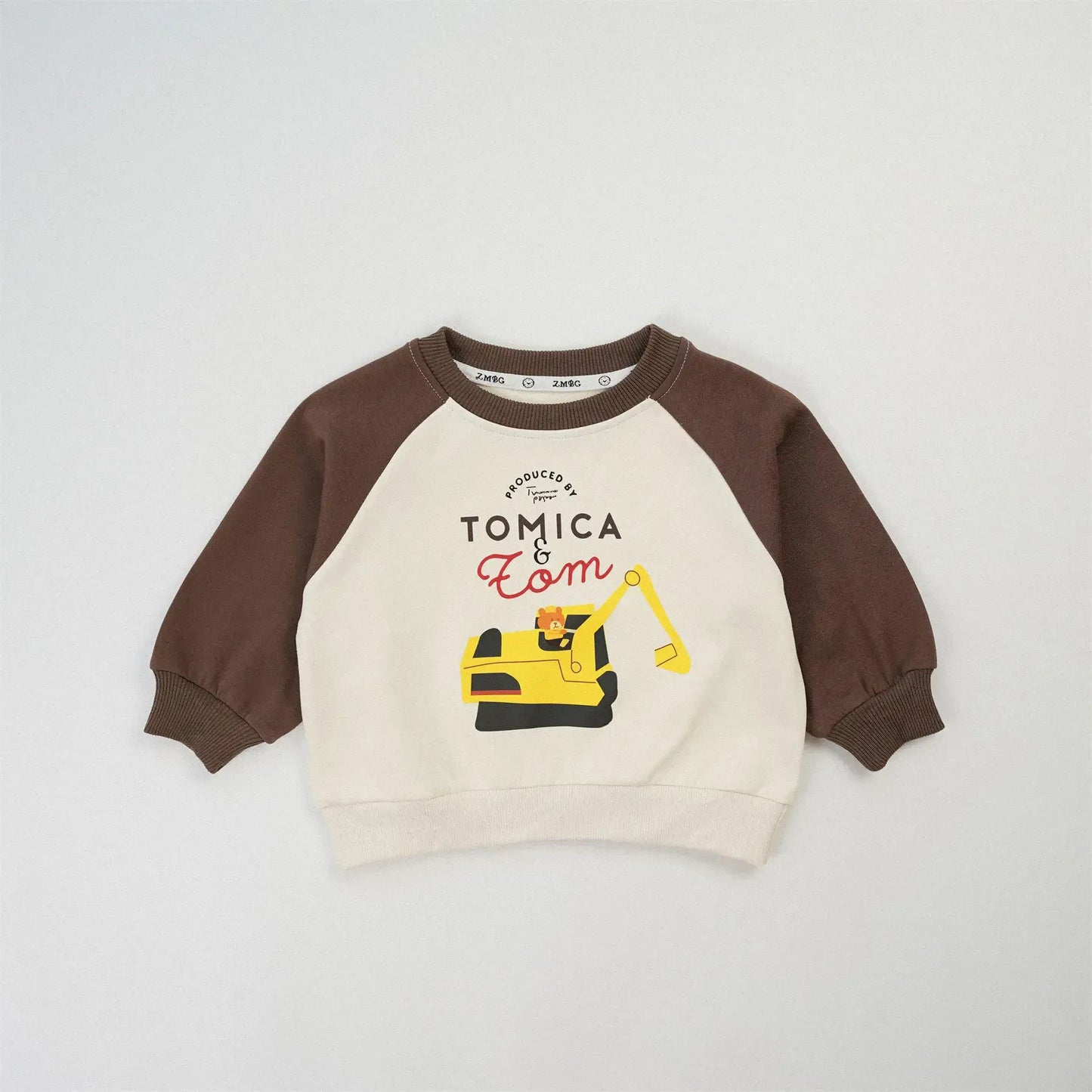 トレーナー・フーディ Brown / 12M  80CM キッズトップス 働く車プリントラグランパッチワーク長袖スウェットシャツ【mh0008576】