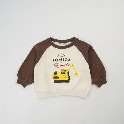 トレーナー・フーディ Brown / 12M  80CM キッズトップス 働く車プリントラグランパッチワーク長袖スウェットシャツ【mh0008576】