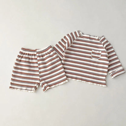 長袖セットアップ brown / 12M  80cm キッズセットアップ 長袖Tシャツ+ショートパンツ ボーダー ルームウェア 2カラー