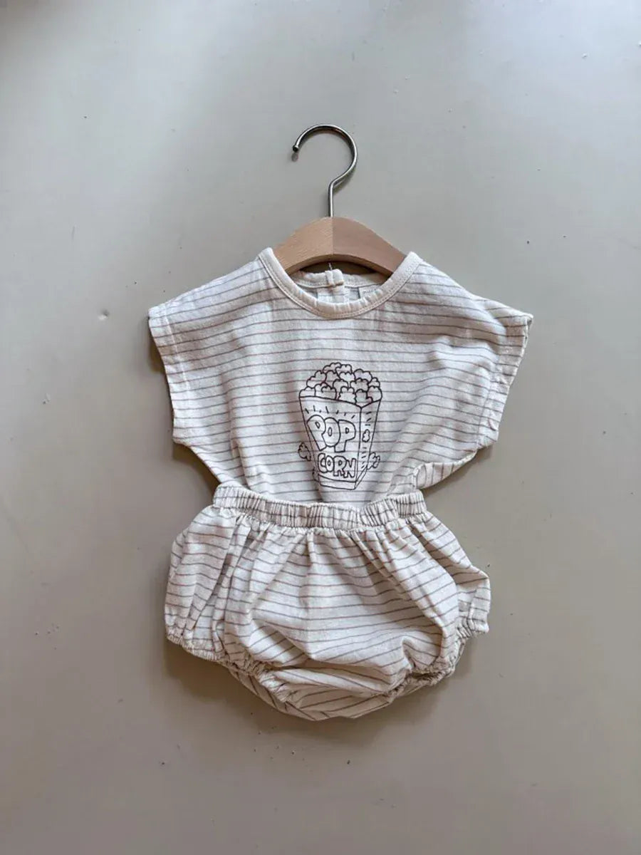 半袖セットアップ Brown / 3M 66cm ベビーセットアップ 2点セット 半袖Tシャツ+ブルマパンツ ボーダー ポップコーンプリント 2カラー【mh0005940】
