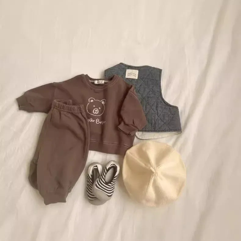 長袖セットアップ Brown / 3T  100CM ベビーセットアップ 2点セット ベアくまプリント長袖スウェットシャツ+ロングスウェットパンツ【mh0008307】