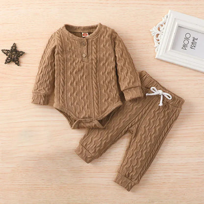 ロンパースセットアップ Brown / 60cm ベビーセットアップ 2点セット ニット 長袖ロンパース+ロングパンツ 3カラー【mh0006257】