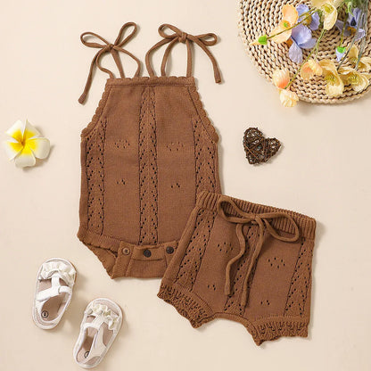 ロンパースセットアップ Brown / 60cm ベビーセットアップ 2点セット レースニットキャミソールロンパース+ニットショートパンツ 4カラー【mh0007433】