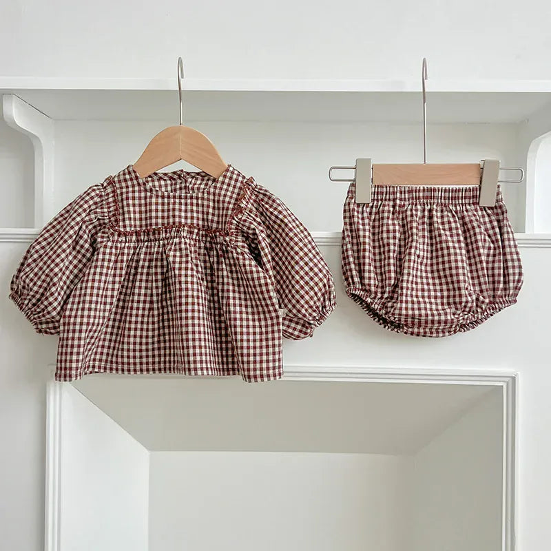 長袖セットアップ Brown / 66cm 0-6m ベビーセットアップ 2点セット チェック長袖パフスリーブチュニックブラウス+ブルマパンツ 2カラー【mh0007355】