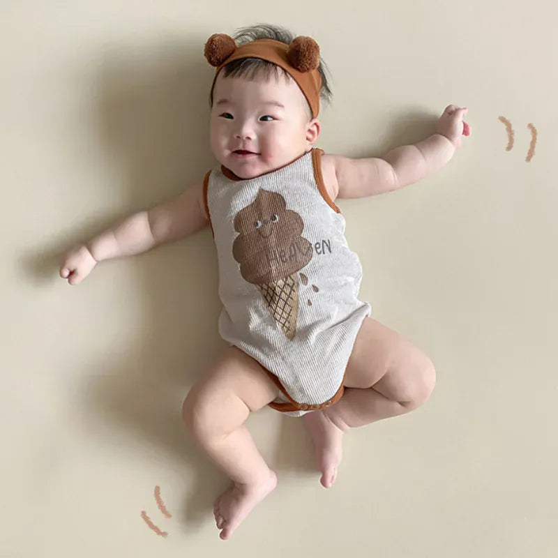 ノースリーブロンパース Brown / 66cm 0-6m ベビーロンパース タンク ノースリーブボディスーツ アイスクリームプリント 2カラー【mh0005259】