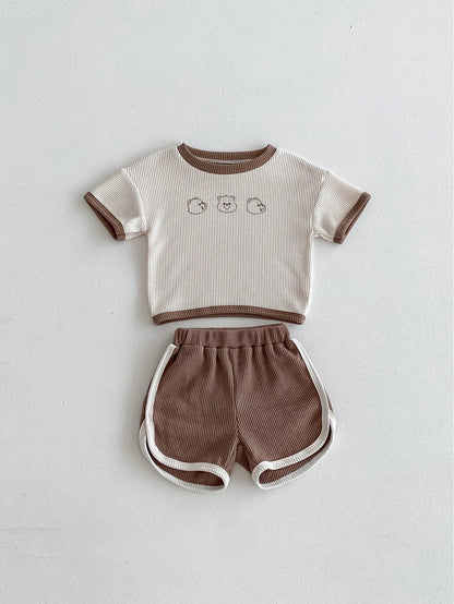 半袖セットアップ brown / 66cm 0-6m ベビーセットアップ 2点セット ワッフル 半袖Tシャツ+ショートパンツ ベアくまプリント 3カラー