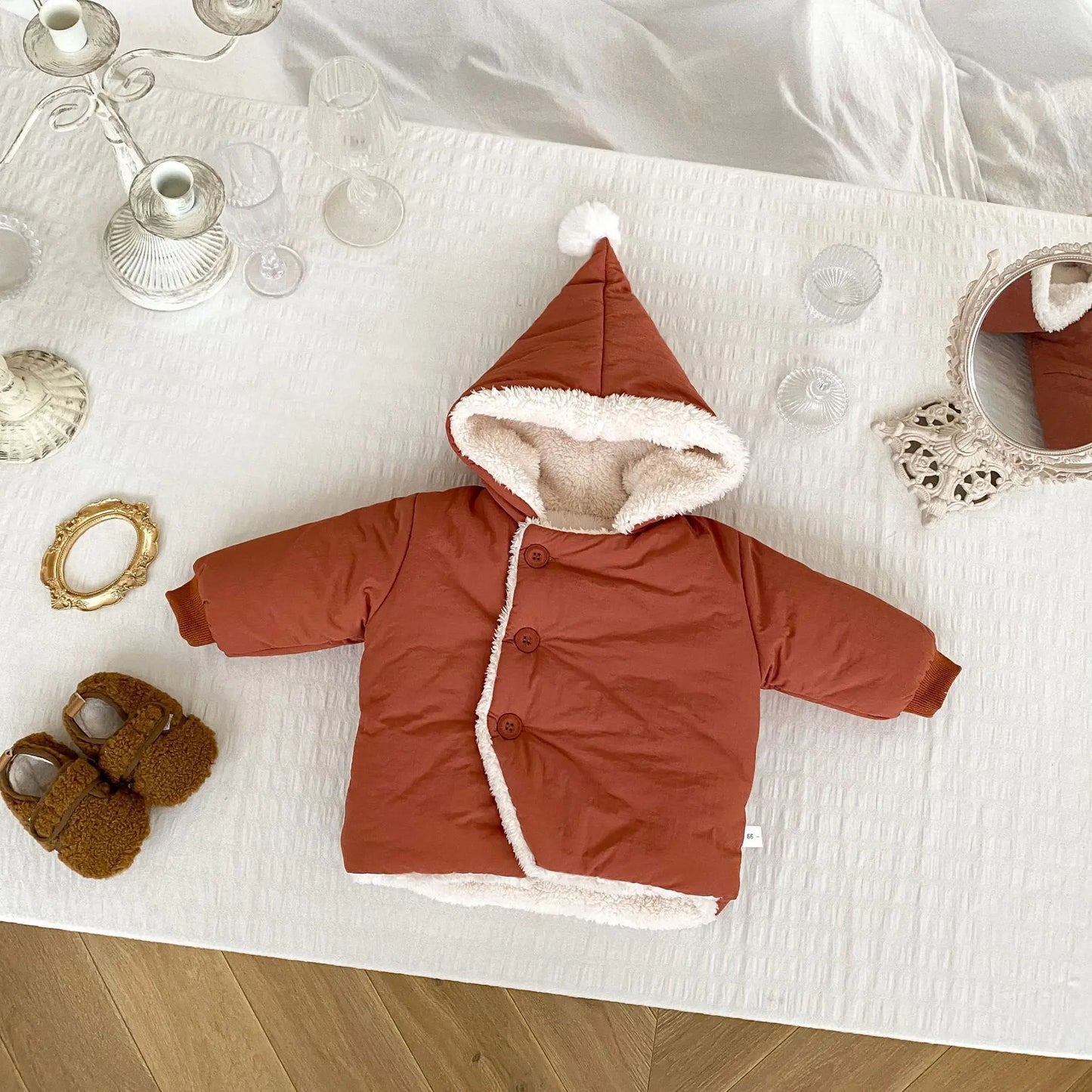 ショートコート・ジャケット・ジャンパー Brown / 66cm 0-6m ベビーアウター とんがり帽子フーディジャケット 裏ボアフリース ぽんぽん付きフードコート 4カラー【mh0003602】