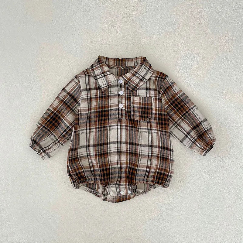 長袖ロンパース brown / 66cm ベビーロンパース 長袖シャツロンパース 襟付き レトロチェック 2カラー