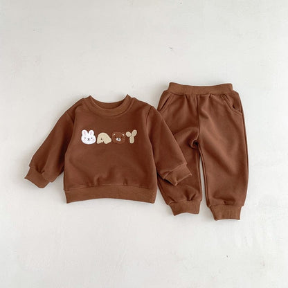 長袖セットアップ brown / 66cm ベビー アニマル 刺繍 セットアップ スウェット トレーナー パンツ 3カラー ボーイズ
