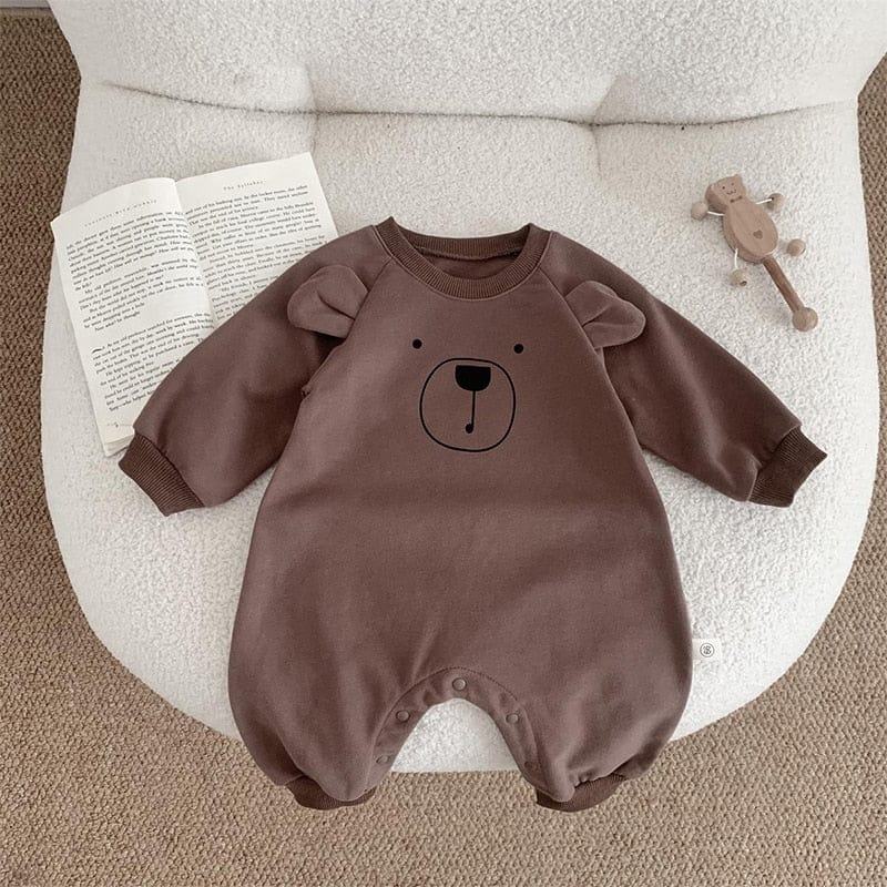 長袖ロンパース brown / 66cm / 取り寄せ（3〜14日） ☺︎ ベビー くま ベア 耳付き 長袖 ジャンプスーツ ロンパース ボーイズ
